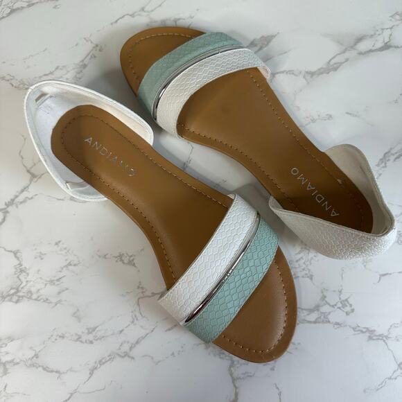 Andiamo Sandal White Sea Foam Green Women 8.5M Snake Pattern Slip On Flats Strap - Picture 7 of 9